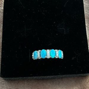 Size 6 ring Bomb Party Lab Created Aquamarine Fire Opal on Rhodium plating